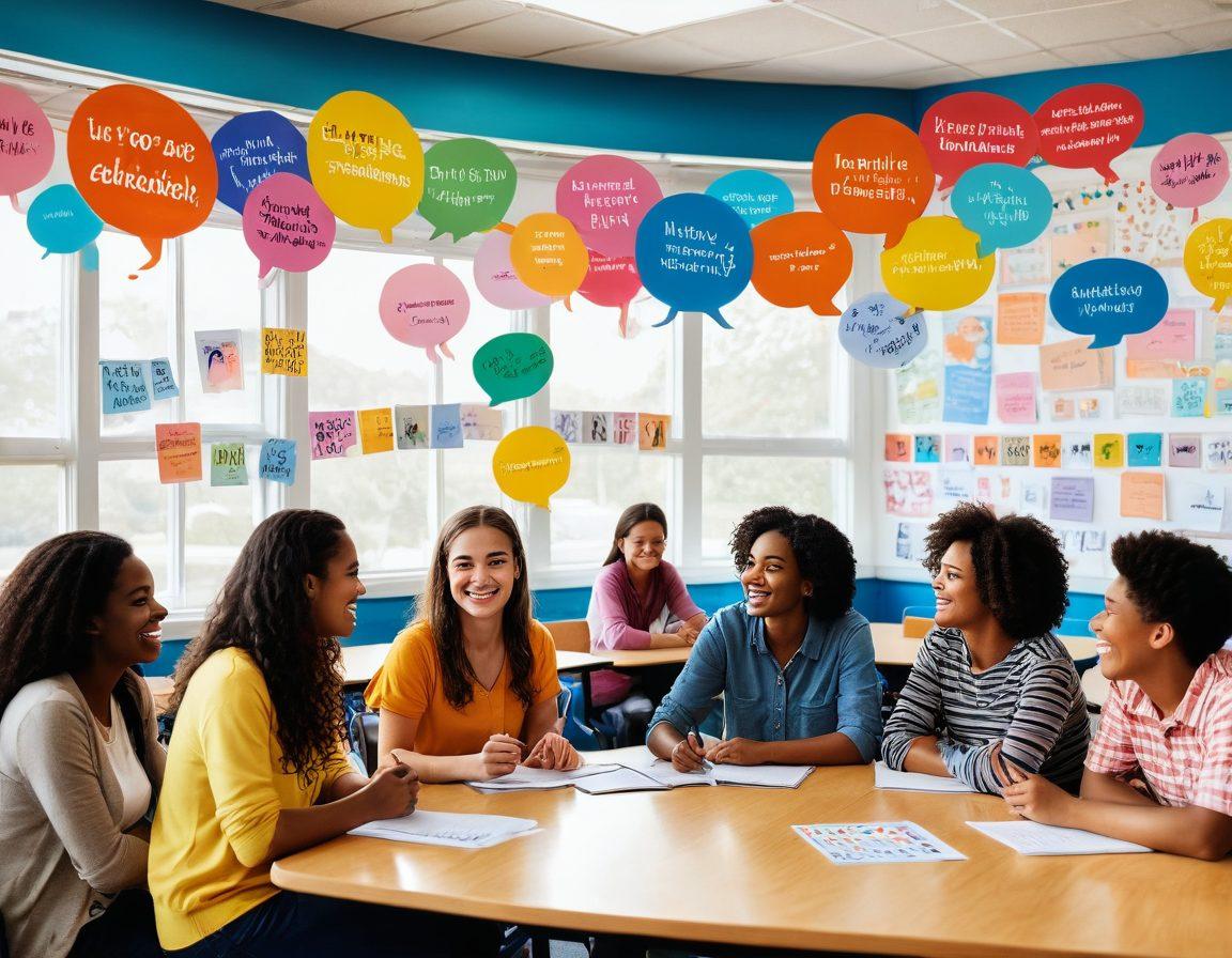 A lively classroom setting filled with diverse students engaged in cheerful conversations, with colorful speech bubbles illustrating positive phrases in English. The room is adorned with inspiring posters of famous quotes about communication, and a bright window letting in sunlight. A teacher with a warm smile facilitates the learning environment, creating an atmosphere of excitement and inclusivity. vibrant colors. super-realistic. upbeat and inviting.