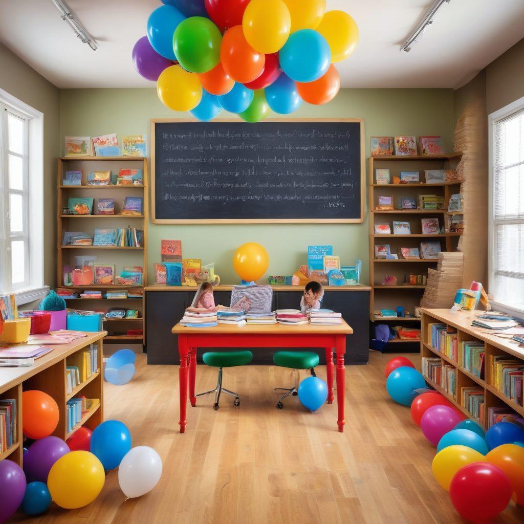A whimsical classroom scene filled with colorful books and joyful students engaged in fun language games. Bright balloons and playful illustrations of letters and words float around, creating a sense of joy and learning. A chalkboard in the background displays cheerful phrases in various languages. The overall atmosphere is vibrant and inviting, promoting the idea of language learning as an enjoyable adventure. super-realistic. vibrant colors. cartoon style.
